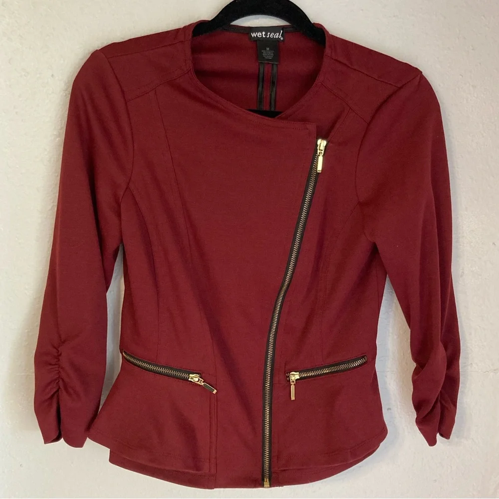 Wet Seal Red Blazer Asymmetrical Zipper Cropped - Picture 2 of 6
